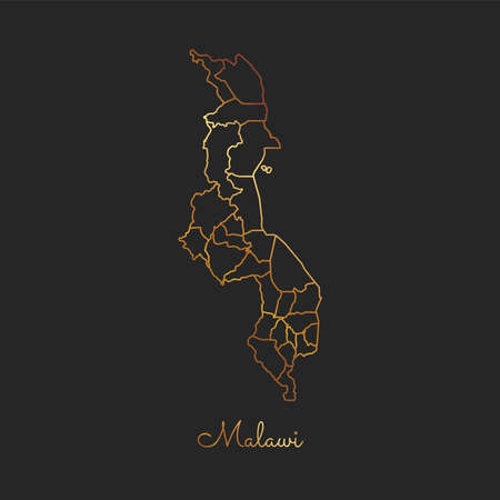 Malawi region map: golden gradient outline on dark background. Detailed map of Malawi regions. Vector illustration.のイラスト素材