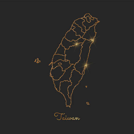 Taiwan region map: golden glitter outline with sparkling stars on dark background. Detailed map of Taiwan regions. Vector illustration.のイラスト素材