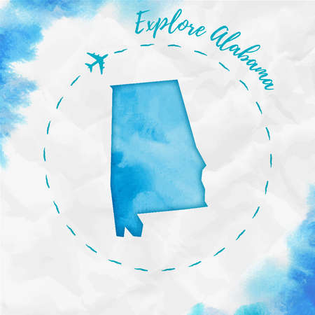Explore Alabama poster with airplane trace and hand-painted watercolor turqoise Alabama map on crumpled paper. Vector illustration.のイラスト素材