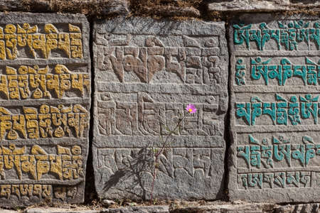 Traditional Buddhist mani stones with Buddhist mantra Omの写真素材