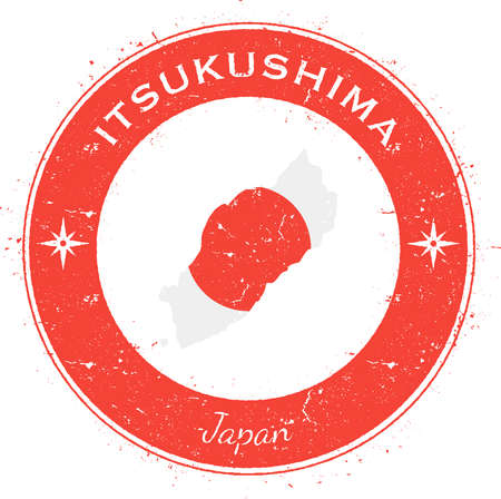 Itsukushima circular badge with red grunge texture and a mapのイラスト素材