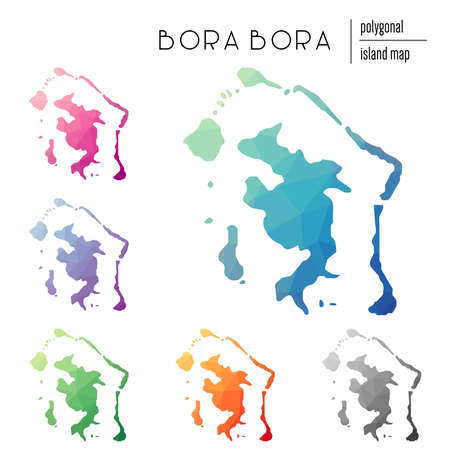 Set of vector polygonal Bora Bora maps filled with bright gradient of low poly art. Multicolored island outline in geometric style for your infographics.のイラスト素材
