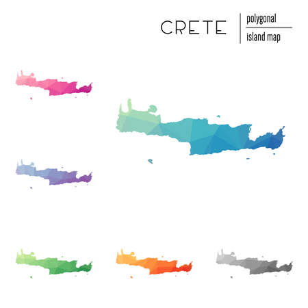 Set of vector polygonal Crete maps filled with bright gradient of low poly art. Multicolored island outline in geometric style for your infographics.のイラスト素材