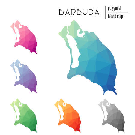 Set of vector polygonal Barbuda maps filled with bright gradient of low poly art. Multicolored island outline in geometric style for your infographics.のイラスト素材