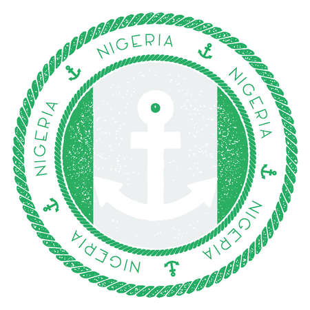 Nautical Travel Stamp with Nigeria Flag and Anchor. Marine rubber stamp, with round rope border and...