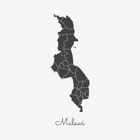 Malawi region map: grey outline on white background. Detailed map of Malawi regions. Vector illustration.のイラスト素材