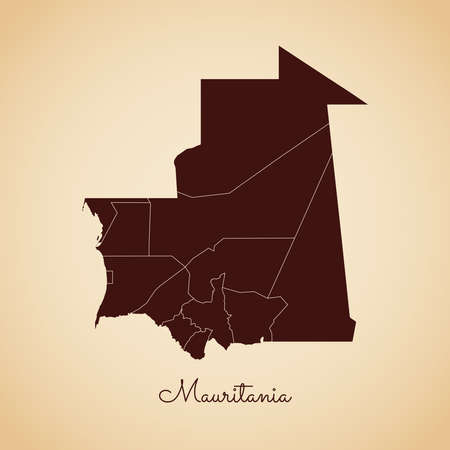 Mauritania region map: retro style brown outline on old paper background. Detailed map of Mauritania regions. Vector illustration.のイラスト素材