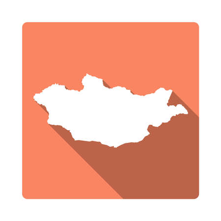 Vector Mongolia Map Button. Long Shadow Style Mongolia Map Square Icon Isolated on White Background. Flat Orange Country Badge.のイラスト素材