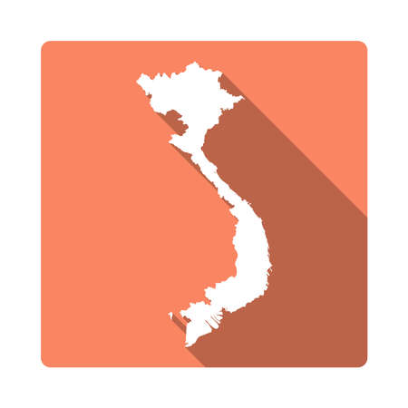 Vector Vietnam Map Button. Long Shadow Style Vietnam Map Square Icon Isolated on White Background. Flat Orange Country Badge.のイラスト素材
