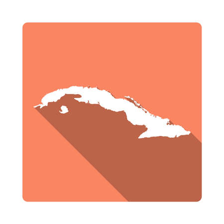 Vector Cuba Map Button. Long Shadow Style Cuba Map Square Icon Isolated on White Background. Flat Orange Country Badge.のイラスト素材