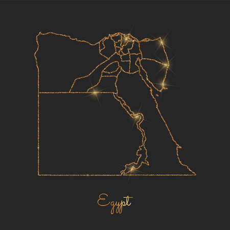 Egypt region map: golden glitter outline with sparkling stars on dark background. Detailed map of Egypt regions. Vector illustration.のイラスト素材