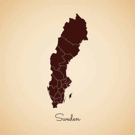Sweden region map: retro style brown outline on old paper background. Detailed map of Sweden regions. Vector illustration.のイラスト素材