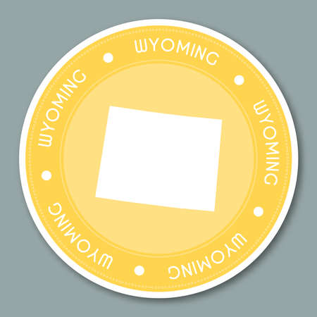 Wyoming label flat sticker design. Patriotic US state map round lable. Round badge vector illustration.のイラスト素材