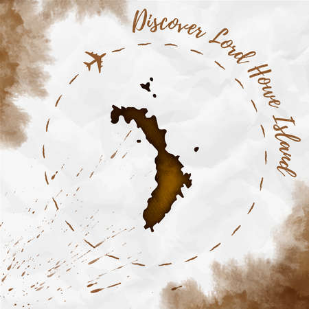 Lord Howe Island  island map in sepia colors. Discover Lord Howe Island poster with airplane trace and handpainted  map on crumpled paper. Vector illustration.のイラスト素材