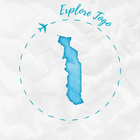 map in turquoise colors. Explore Togo poster with airplane trace and handpainted  map on crumpled paper. Vector illustration.のイラスト素材