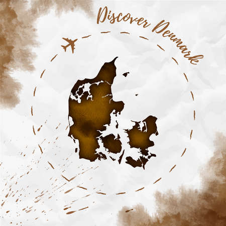 Denmark  map in sepia colors. Discover Denmark poster with airplane trace and handpainted  Denmark map on crumpled paper. Vector illustration.のイラスト素材