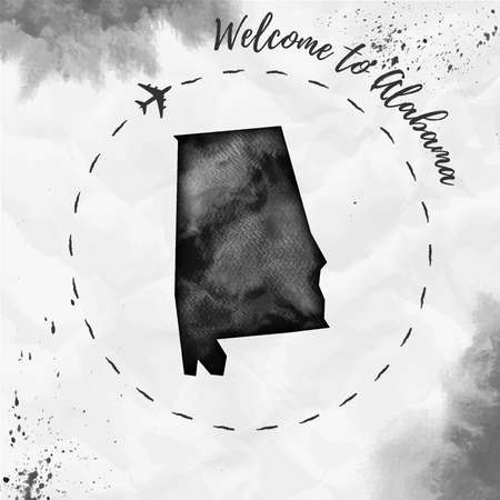 Alabama  us state map in black colors. Welcome to Alabama poster with airplane trace and handpainted  map on crumpled paper. Vector illustration.のイラスト素材