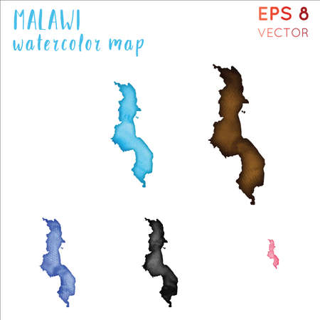 Malawi watercolor country map. Handpainted watercolor Malawi map set. Vector illustration.のイラスト素材