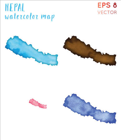 Nepal watercolor country map. Handpainted watercolor Nepal map set. Vector illustration.のイラスト素材