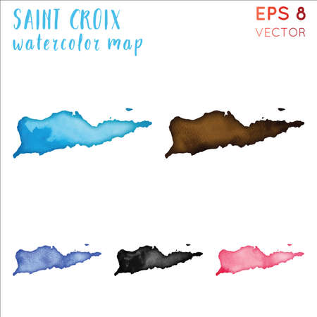 Saint Croix watercolor island map. Handpainted watercolor Saint Croix map set. Vector illustration.のイラスト素材
