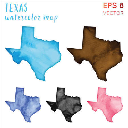 Texas watercolor us state map. Handpainted watercolor Texas map set. Vector illustration.のイラスト素材