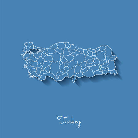 Turkey region map: blue with white outline and shadow on blue background. Detailed map of Turkey regions. Vector illustration.のイラスト素材