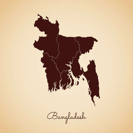 Bangladesh region map: retro style brown outline on old paper background. Detailed map of Bangladesh regions. Vector illustration.のイラスト素材