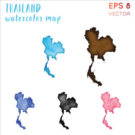 Thailand watercolor country map. Handpainted watercolor Thailand map set. Vector illustration.のイラスト素材