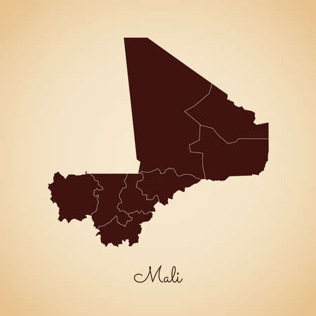 Mali region map: retro style brown outline on old paper background. Detailed map of Mali regions. Vector illustration.のイラスト素材