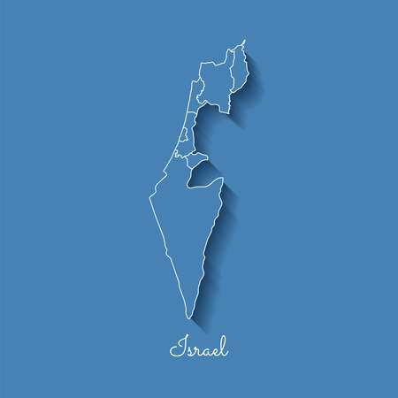 Israel region map: blue with white outline and shadow on blue background. Detailed map of Israel regions. Vector illustration.のイラスト素材