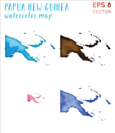 Papua New Guinea watercolor country map. Handpainted watercolor Papua New Guinea map set. Vector illustration.のイラスト素材