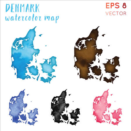 Denmark watercolor country map. Handpainted watercolor Denmark map set. Vector illustration.のイラスト素材