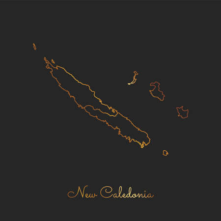 New Caledonia region map: golden gradient outline on dark background. Detailed map of New Caledonia regions. Vector illustration.のイラスト素材