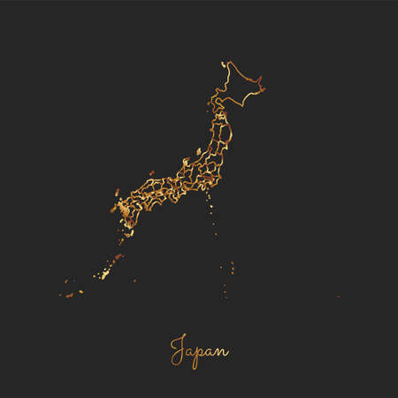 Japan region map: golden gradient outline on dark background. Detailed map of Japan regions. Vector illustration.のイラスト素材
