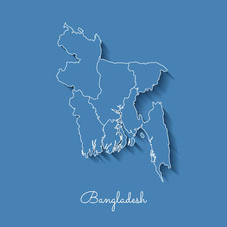 Bangladesh region map: blue with white outline and shadow on blue background. Detailed map of Bangladesh regions. Vector illustration.のイラスト素材