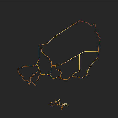 Niger region map: golden gradient outline on dark background. Detailed map of Niger regions. Vector illustration.のイラスト素材