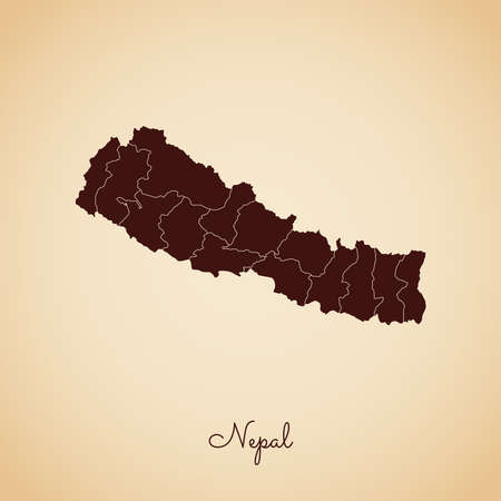 Nepal region map: retro style brown outline on old paper background. Detailed map of Nepal regions. Vector illustration.のイラスト素材