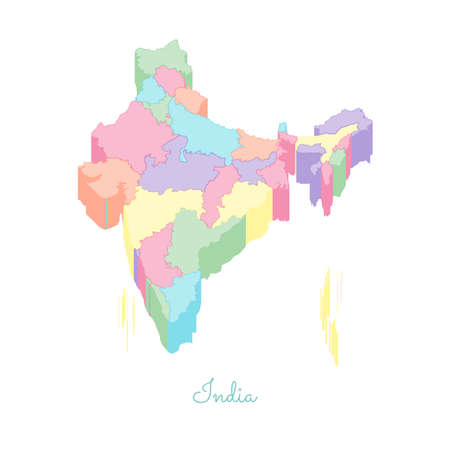 India region map: colorful isometric top view. Detailed map of India regions. Vector illustration.のイラスト素材