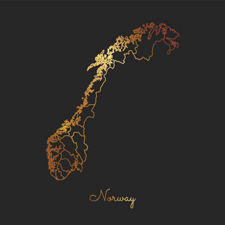 Norway region map: golden gradient outline on dark background. Detailed map of Norway regions. Vector illustration.のイラスト素材