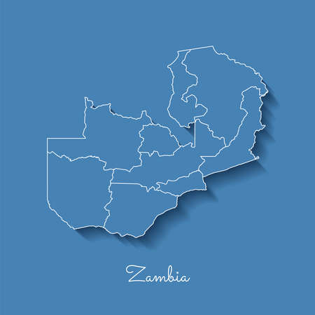 Zambia region map: blue with white outline and shadow on blue background. Detailed map of Zambia regions. Vector illustration.のイラスト素材
