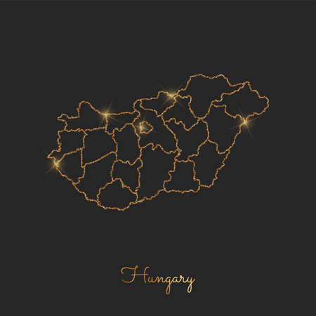 Hungary region map: golden glitter outline with sparkling stars on dark background. Detailed map of Hungary regions. Vector illustration.のイラスト素材
