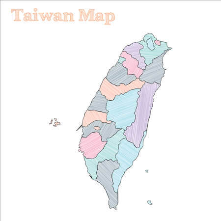 Taiwan hand-drawn map. Colourful sketchy country outline. Emotional Taiwan map with provinces. Vector illustration.のイラスト素材