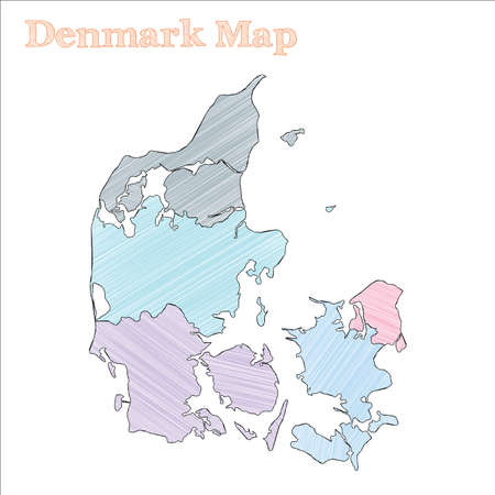 Denmark hand-drawn map. Colourful sketchy country outline. Exotic Denmark map with provinces. Vector...
