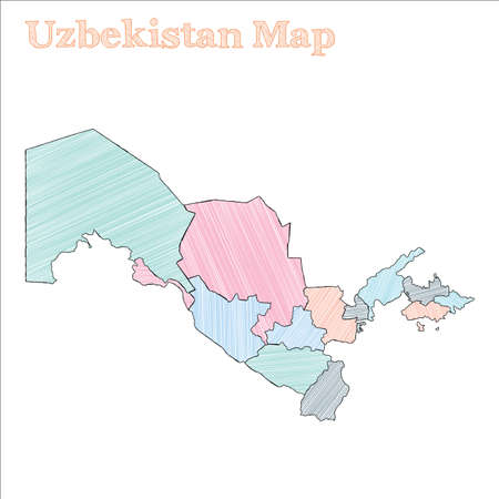 Uzbekistan hand-drawn map. Colourful sketchy country outline. Exquisite Uzbekistan map with provinces. Vector illustration.のイラスト素材