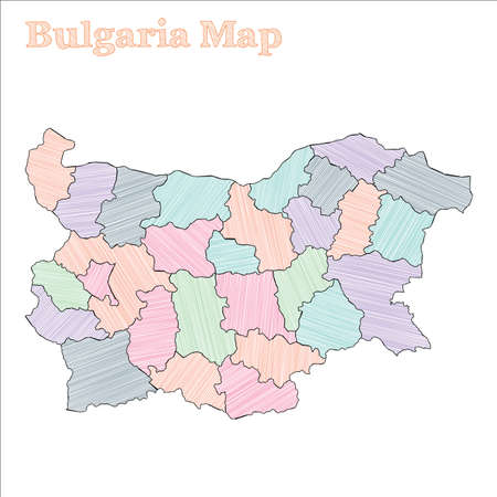 Bulgaria hand-drawn map. Colourful sketchy country outline. Bizarre Bulgaria map with provinces. Vector illustration.のイラスト素材