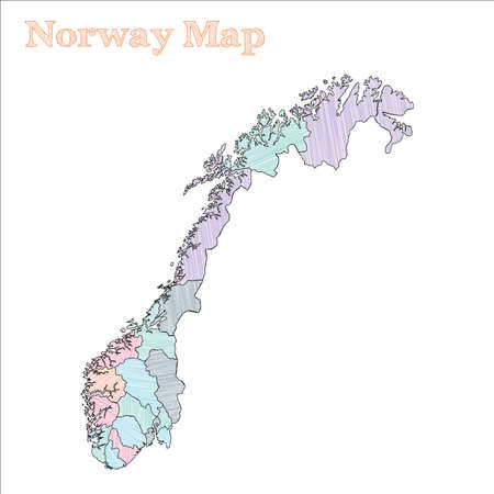 Norway hand-drawn map. Colourful sketchy country outline. Unique Norway map with provinces. Vector illustration.のイラスト素材