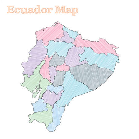 Ecuador hand-drawn map. Colourful sketchy country outline. Extraordinary Ecuador map with provinces. Vector illustration.のイラスト素材