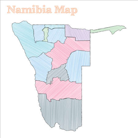 Namibia hand-drawn map. Colourful sketchy country outline. Symmetrical Namibia map with provinces. Vector illustration.のイラスト素材