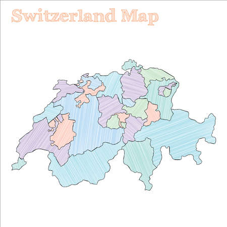 Switzerland hand-drawn map. Colourful sketchy country outline. Cute Switzerland map with provinces. Vector illustration.のイラスト素材