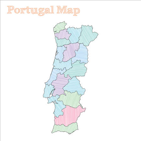 Portugal hand-drawn map. Colourful sketchy country outline. Amazing Portugal map with provinces. Vector illustration.のイラスト素材
